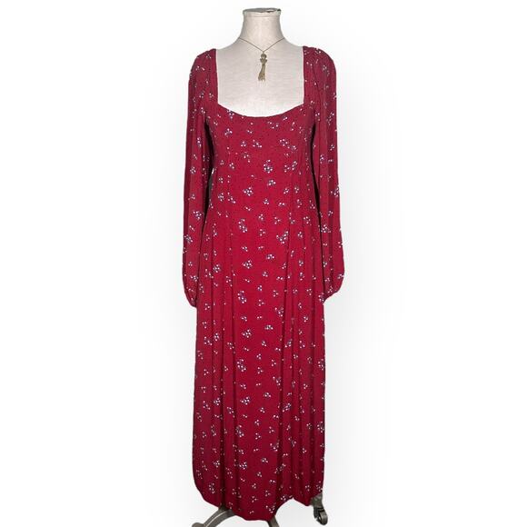 FREE PEOPLE Red Midi IRIS Dress Smocked Square Neck Puff Sleeve Cottagecore S - Picture 2 of 12